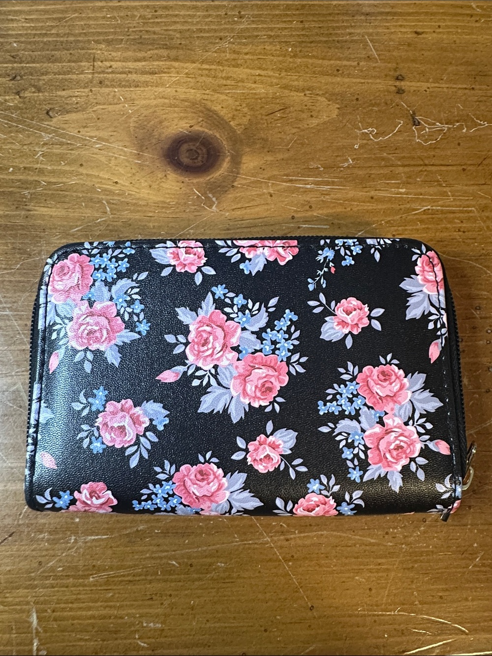 Floral Zip-Around Wallet - Black with Pink Roses